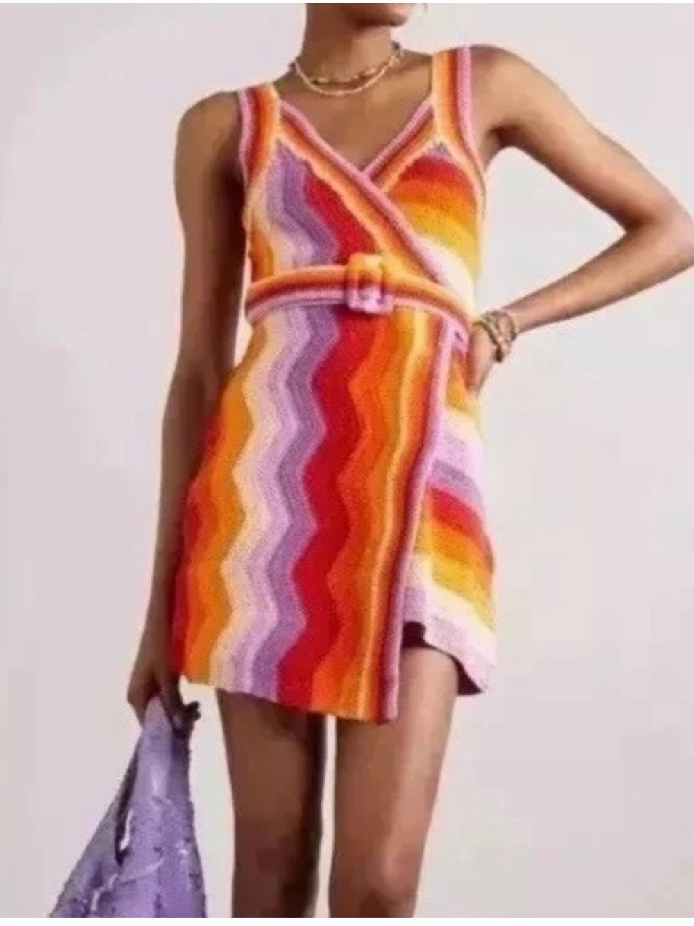 FARM Rio Multicolor Zigzag Knit Mini Dress in Pink, Orange, Red, Yellow, Purple